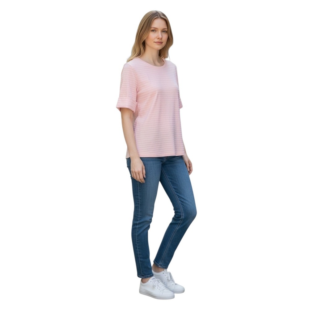 Liz Claiborne Womens Light Pink Ribbed‎ Cuffed Short Sleeve Top Crew Neck Medium